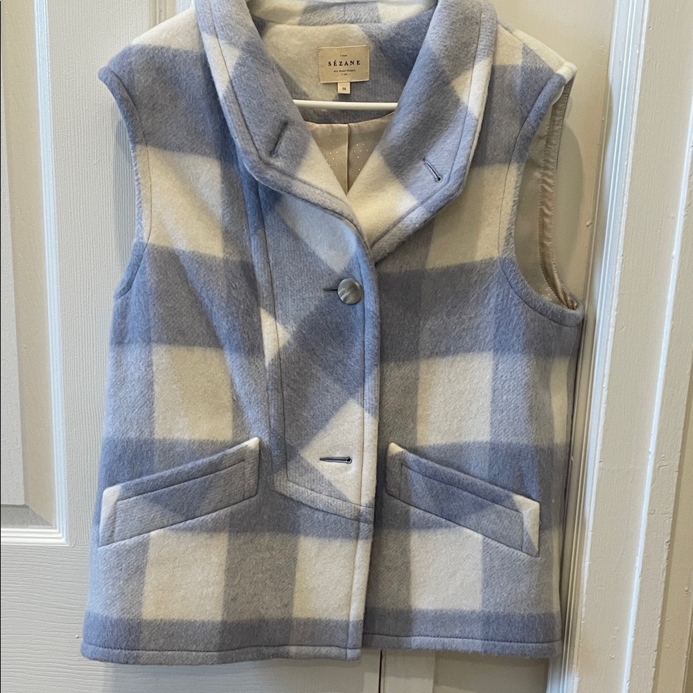 Sezane Blue and Cream Checkered Vest
